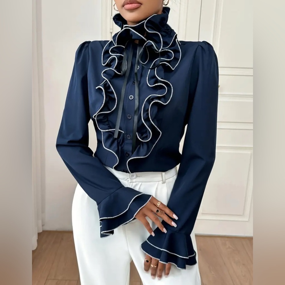 Midnight Blue Ruffle Blouse Size L - Picture 3 of 5